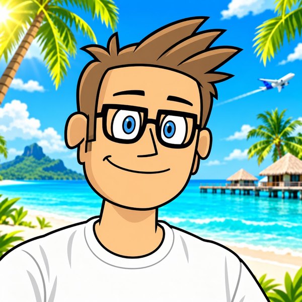 Cartoon Paul in glasses on a tropical beach